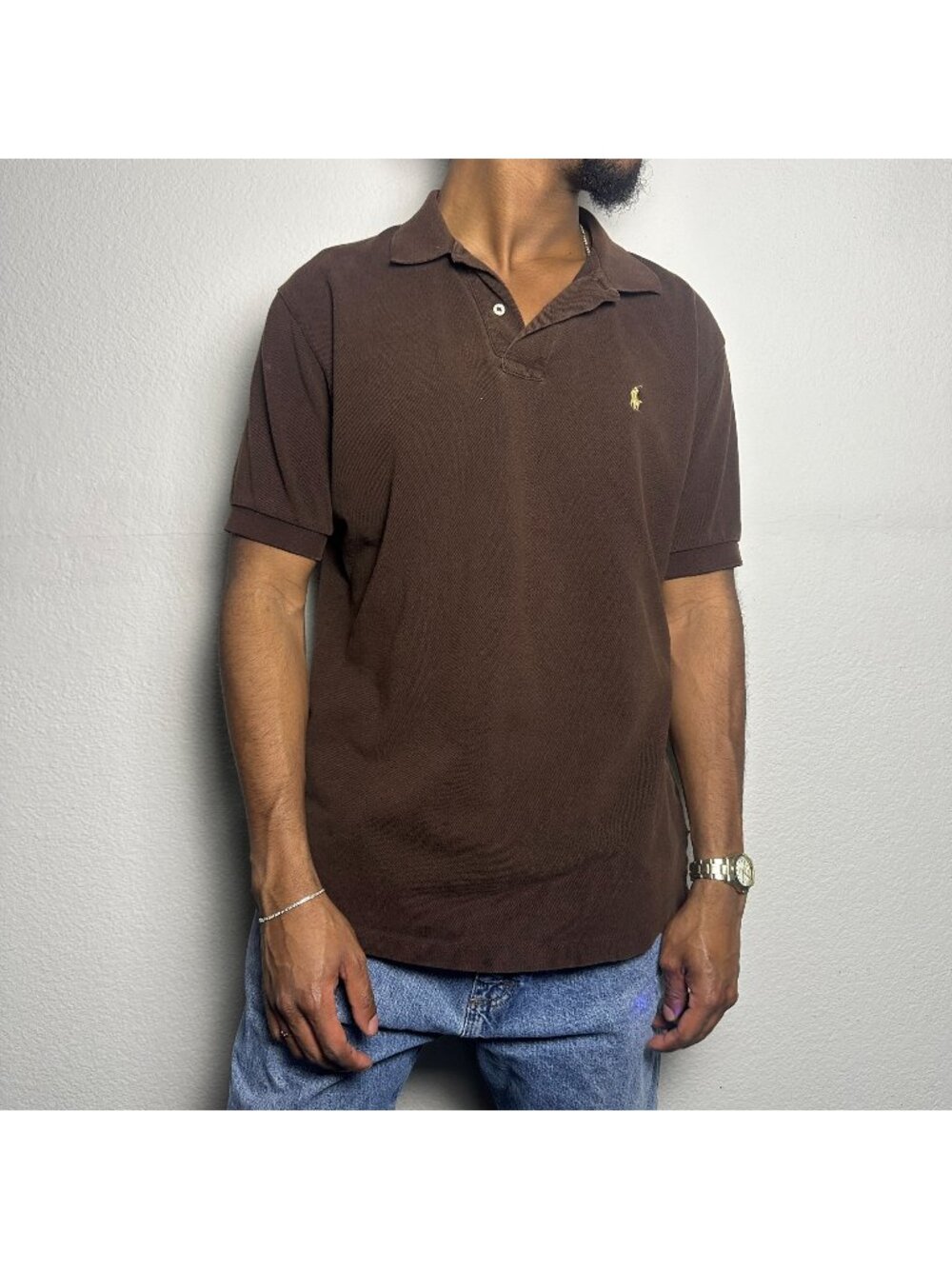 VTG Ralph Lauren Polo Men L Shirt Short Sleeve Brown Pony Prep Streetwear